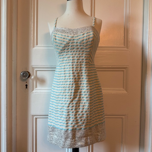 Lilly Pulitzer Women Remi Dress Blue Horizon Bayview Stripe 4 Metallic Strapless - Picture 2 of 16